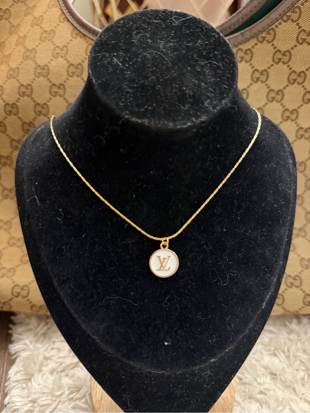 LV Gold and White Pendant Necklace - Upcycled  stainless steel necklace